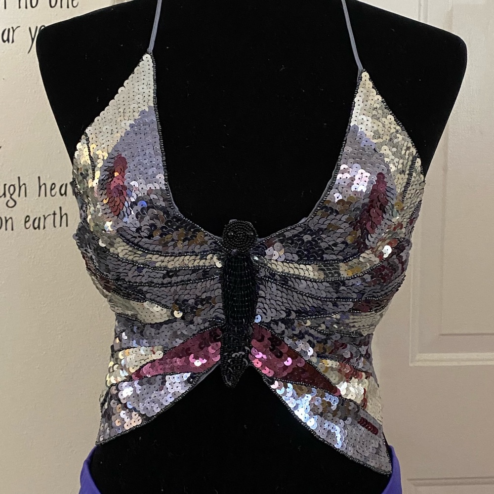 Butterfly Sequin backless silver halter crop top